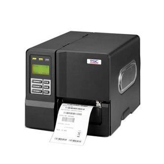 Black thermal label printer with a control panel and a shipping label printing out