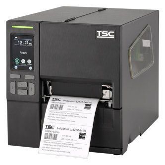 Black TSC label printer printing adhesive labels, with a small touchscreen display.