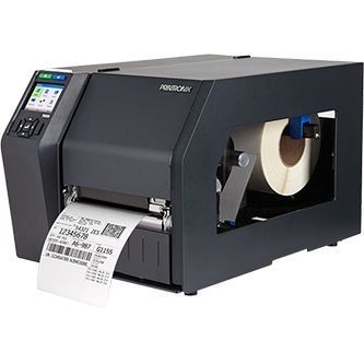Black label printer printing a shipping label, with a roll of labels inside.