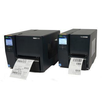 Two black label printers printing shipping labels, side by side on a white background