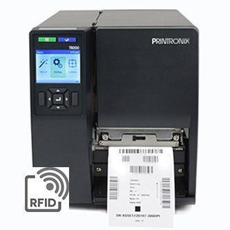 Black Printronix RFID label printer printing a barcode label