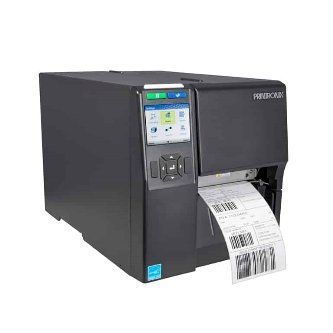 Black desktop label printer with touchscreen printing a barcode shipping label