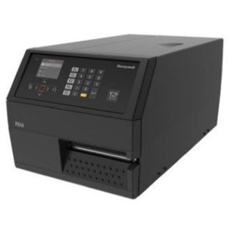 Black desktop label printer with keypad and display on a white background