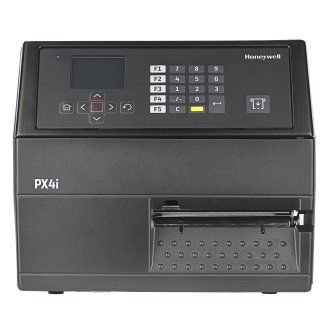Black Honeywell PX4i industrial label printer with keypad and small display on the front