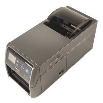 Compact gray label printer with a front control panel and top paper roll compartment