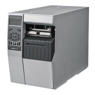 Gray industrial label printer with front control panel and open print bay