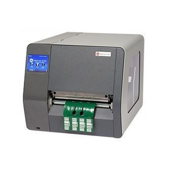 Gray industrial label printer printing green labels from a front tray