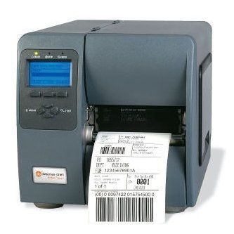 Gray label printer printing a shipping label with a small blue display screen