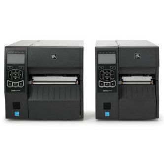 Two black label printers side by side on a white background
