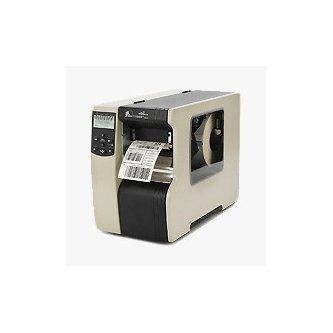 Desktop label printer printing a shipping label, beige and black body with control panel