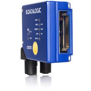 Blue Datalogic industrial barcode sensor with front lens and status lights