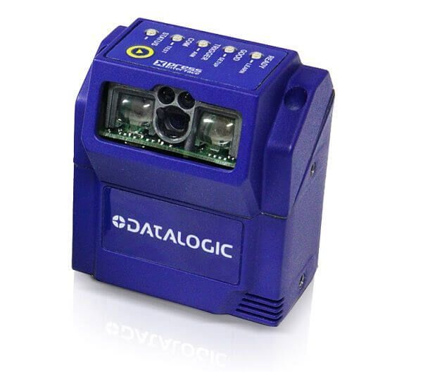 Blue Datalogic industrial barcode scanner with front lens and indicator lights