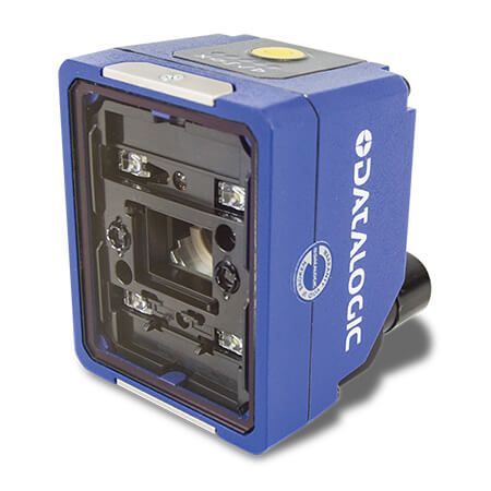 Blue SKALOGIC industrial sensor or camera module with a black lens opening and mounting hardware.