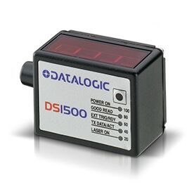 Datalogic DS1500 laser sensor, black and white industrial device with red top display