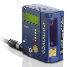 Blue Datalogic industrial barcode scanner with display, indicator lights, and connected cable on white background