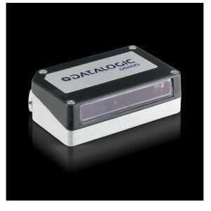 Datalogic barcode scanner on black background, black and white with purple-tinted front window