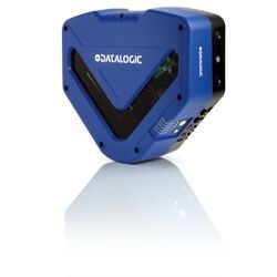 Blue Datalogic industrial scanner with black V-shaped front panel on white background