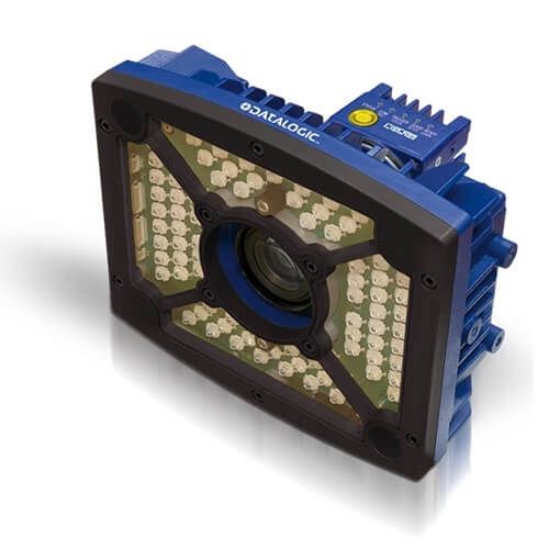 Blue industrial camera with lens and LED lights on a white background