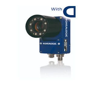 Blue Datalogic industrial camera with lens and branding on a white background