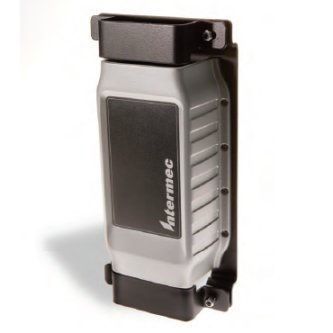 Black and silver handheld device with side grips and a front label on a white background