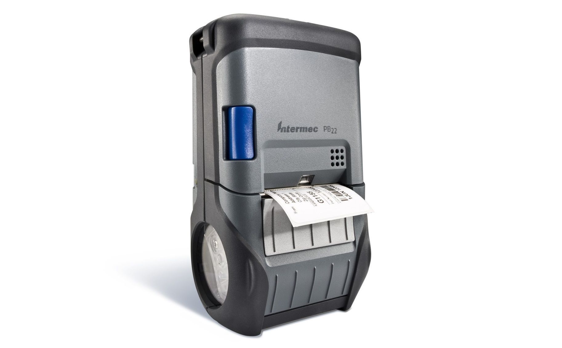 Compact gray industrial shredder with blue panel and white paper tray