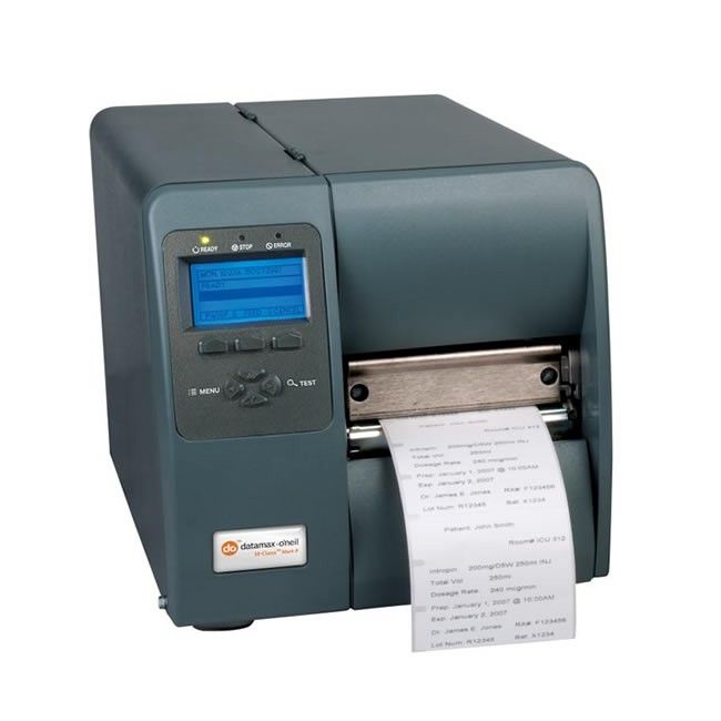 Desktop label printer printing a receipt, with blue control screen and gray casing