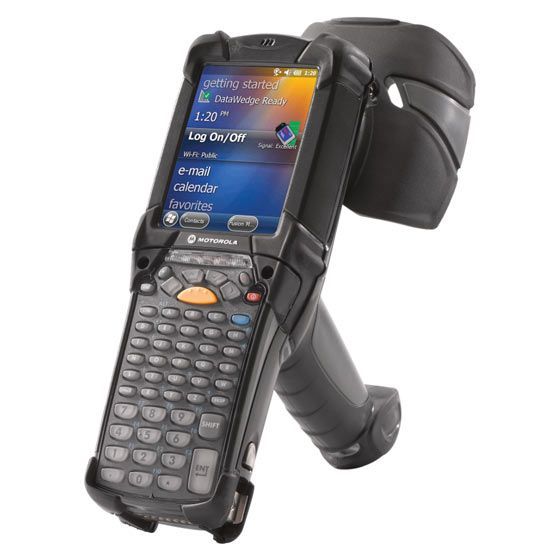 Rugged handheld barcode scanner with pistol grip and small screen, shown on a white background
