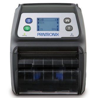 Black and gray desktop label printer with a small blue display and visible label roll