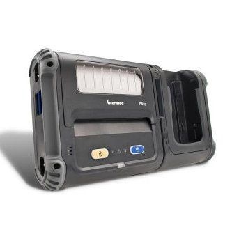Rugged black handheld printer/scanner with a small display and paper slot on a white background