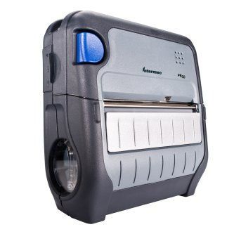 Gray and blue portable printer or label maker with front paper tray and blue side button