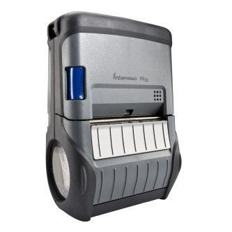 Gray and black portable label printer with blue accent and white label output tray