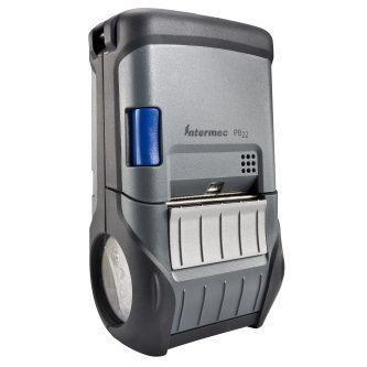 Gray portable handheld printer with blue accent, side view on white background