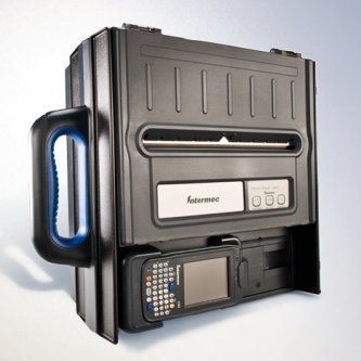 Black portable electronics case with blue handle and built-in control panels on a white background