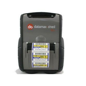 Gray Datamax Oneil label printer with a roll of printed labels visible in the front slot