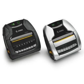 Two compact black and silver label printers with green buttons, shown side by side on a white background