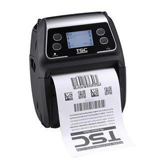 Black desktop label printer printing a barcode shipping label