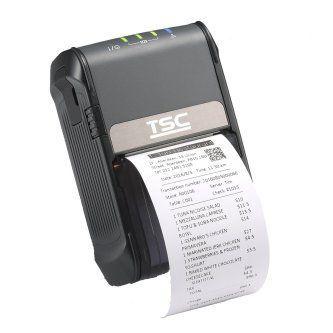 TSC portable label printer printing a long white label roll