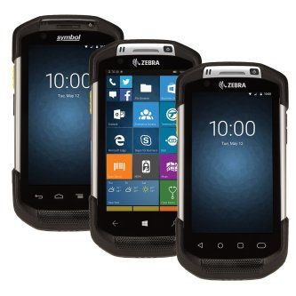 Three rugged Zebra handheld devices with touchscreen displays, shown in black.