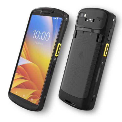 Rugged black smartphone case shown front and back with yellow accents and visible screen display