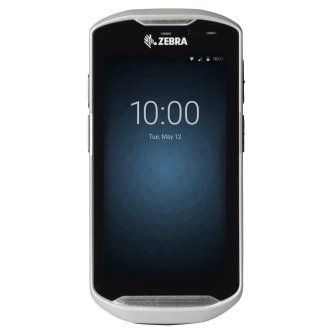 Zebra handheld touchscreen device showing 10:00 on a dark lock screen