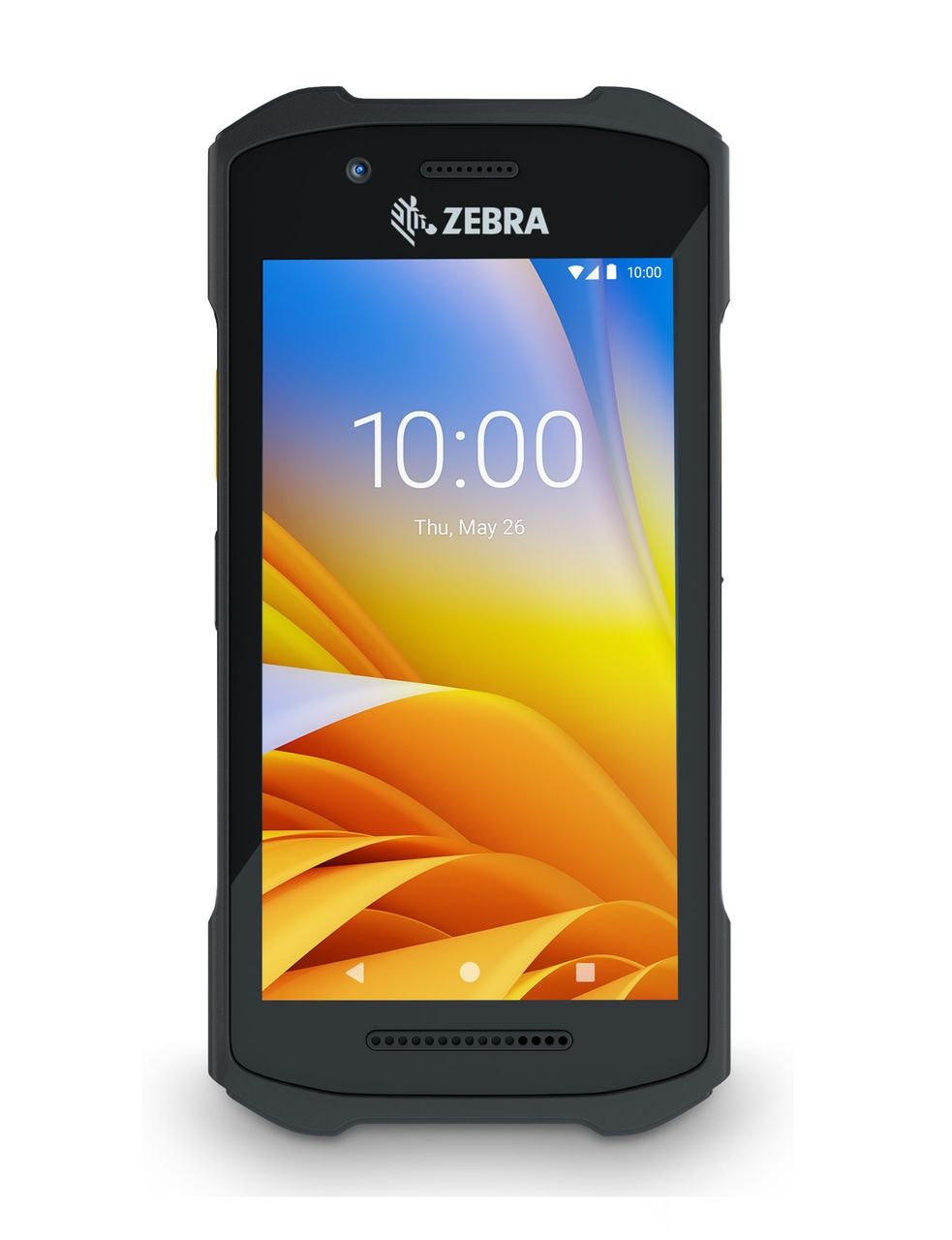 Black Zebra rugged smartphone with a bright orange home screen displaying 10:00.