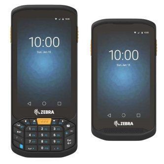 Two Zebra smartphones shown side by side, one with a keypad and one touchscreen, both displaying 10:00
