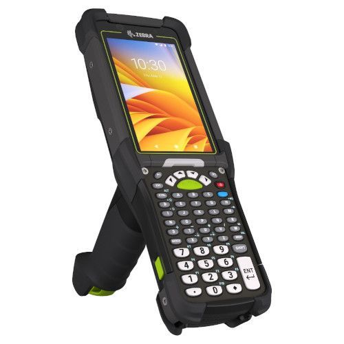 Rugged handheld barcode scanner with keypad and color screen in a black protective case.
