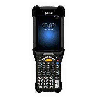 Zebra rugged handheld barcode scanner with touchscreen and keypad, shown front view on white background