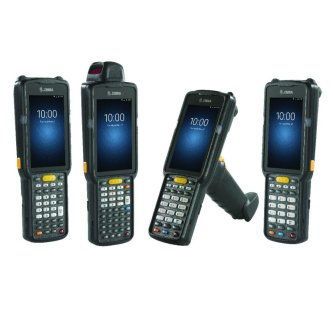 Four rugged black handheld barcode scanners with keypads, shown front and side views on a white background