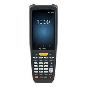 Black rugged Zebra handheld barcode scanner with keypad and screen showing 10:00.