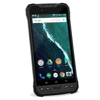 Rugged black smartphone with Android home screen on a white background