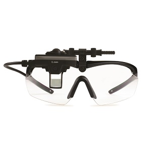 Black tactical shooting glasses with clear lenses and a mounted sight on top