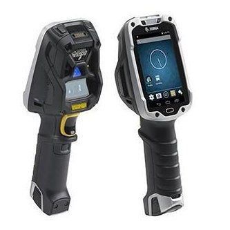 Two black handheld barcode scanners, one showing front and one back, with a small screen and yellow trigger.