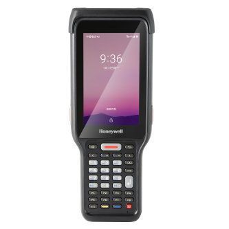Honeywell handheld barcode scanner with screen and keypad, black with white buttons